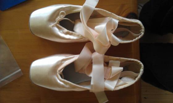 New pointe shoes after sewing on the ribbons